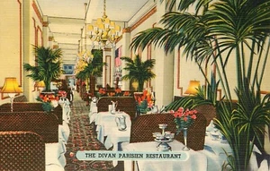 Interior Postcard The Divan Parisien Restaurant New York City Unused Linen - Bild 1 von 2