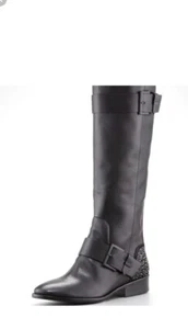 B Brian Atwood Dita Tall Boots Black Leather 6 Pull On Rhinestone Rts$695 - Picture 1 of 12
