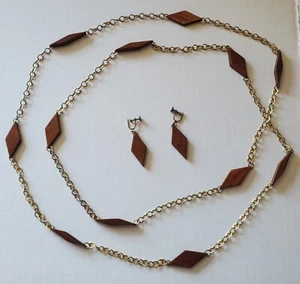 Vintage Halskette und Clip Ohrringe Set Holz mit Goldfarben - Bild 1 von 5