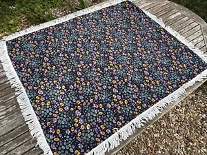 VINTAGE 1960s purple floral cotton tablecloth with fringe 33 x 33" retro camper - Picture 1 of 10