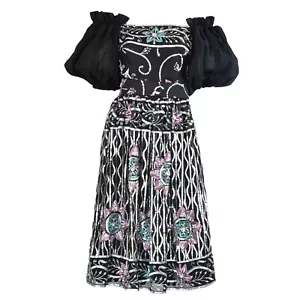 vtg 70s 80s PROFILS DU MONDE silk sequin beaded puff sleeve off shoulder dress - Picture 1 of 1