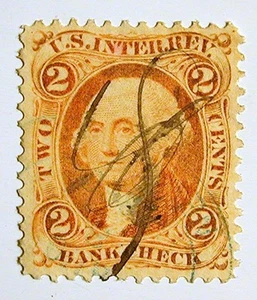 US Revenue Stamp #R6c – 1862-71 2-cent Bankcheck Orange Very-Fine+ Scribble - Picture 1 of 2