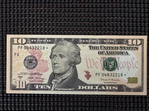 (2) 2017A $10 Star Note SN PF04832218* and 2001 $1 Star Note G00290134* UNC GEMS - Picture 1 of 8