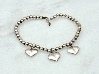 Tobillera de Corazón Inflado de Plata Esterlina Sólida 925 Vintage 9" Foto 1 de 3