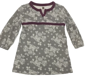 Tea Collection Girls 12-18 Months Gray Floral Long Sleeve Split Neck Dress - Picture 1 of 6
