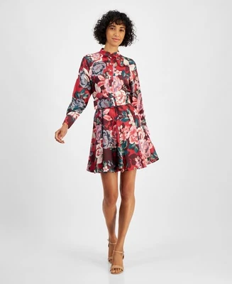 Tahari Petite Floral Button-Trim Belted Long-Sleeve Dress 5508 Size 2P - Image 1 of 4