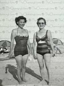 Vintage Photo Women In Swimsuits On Beach Umbrellas  Retro Swimwear 1950’s - Picture 1 of 3