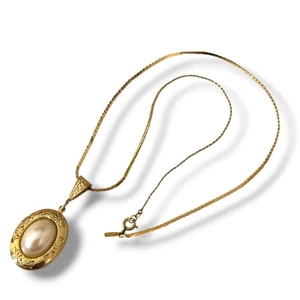 Monet Gold Flach Fischgrät Kette Medaillon Halskette Oval Perle Viktorianischer Stil - Bild 1 von 8