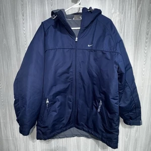 Giacca Nike vintage Swoosh blu navy cappotto con cappuccio oversize lungo foderato in pile Y2K taglia M - Foto 1 di 10