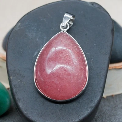 Pink Strawberry Quartz Crystal Cabochon Silver Pendant Handmade Jewelry Gift - Image 1 of 4