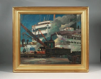 Einar Petersen (1885-1986) - Los Angeles Dock Scene Flag Painting - WPA 1940 - Image 1 of 4