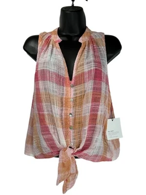 BELLA DAHL Front Tie Crop Tank Top Sz S Pink Orange Plaid Button Up VNeck Gauze - Image 1 of 4