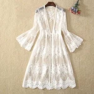 Strickjacke Schlagärmel transparent Sonnenschutz Strand Dame weiß Freizeit Mäntel Jacke - Bild 1 von 8