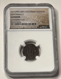 Moneda califato 1687 Imperio Otomano Solimán II AH1099 Mangir certificada NGC - Imagen 1 de 2