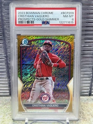 2023 Bowman Chrome #BCP-209 Cristhian Vaquero Prospect Gold Shimmer /50 PSA 8 - Image 1 of 2