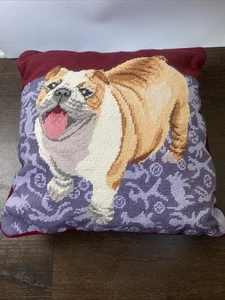 Vintage Handarbeit Wolle 15x15 Nadelspitze Mops Hund Überwurf Deko Kissen - Bild 1 von 4