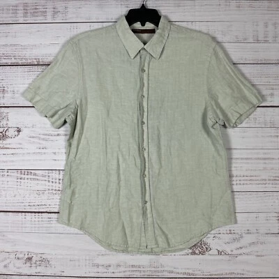 Mens Linen Blend Button Up Shirt XL Light Green Short Sleeve Cotton Perry Ellis - Image 1 of 4