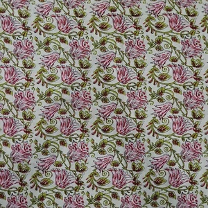 Han Block Printed Pink Flower 2.5 Yard Cotton Fabric Craft Material Handmade - Picture 1 of 4