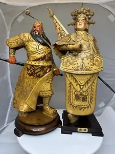 Guan Gong Warrior And Woman 12 Inch Colored Hand Carved Boxwood Carving Figurine - Picture 1 of 8