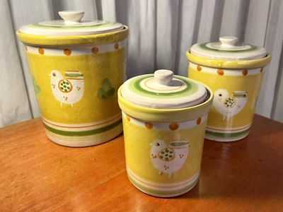 Italian Pottery Set 3 hand Painted Chicks Terracotta  Canisters w/ lid - Image 1 of 4