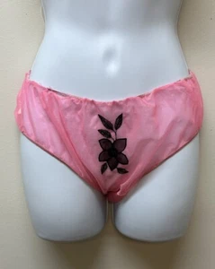 Vintage Retro Pink Sheer Nylon Gusset Black Floral Applique Panties Size L - Picture 1 of 12
