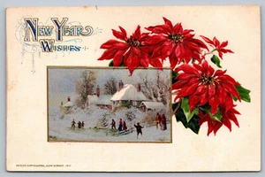 AK Künstler signiert John Winsch 1912 Neujahrswünsche Teich Eislaufen - Bild 1 von 2