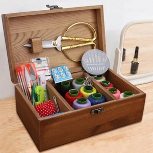 Sewing Box Home Set Needles Threads Tools Craft Kit Storage Boxes 21x13x9cm Wood - Picture 1 of 27