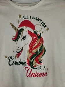 Girls' Holidaytime CHRISTMAS Unicorn Long Sleeve Tee Glitter L 10-12 Shirt NWT - Picture 1 of 4