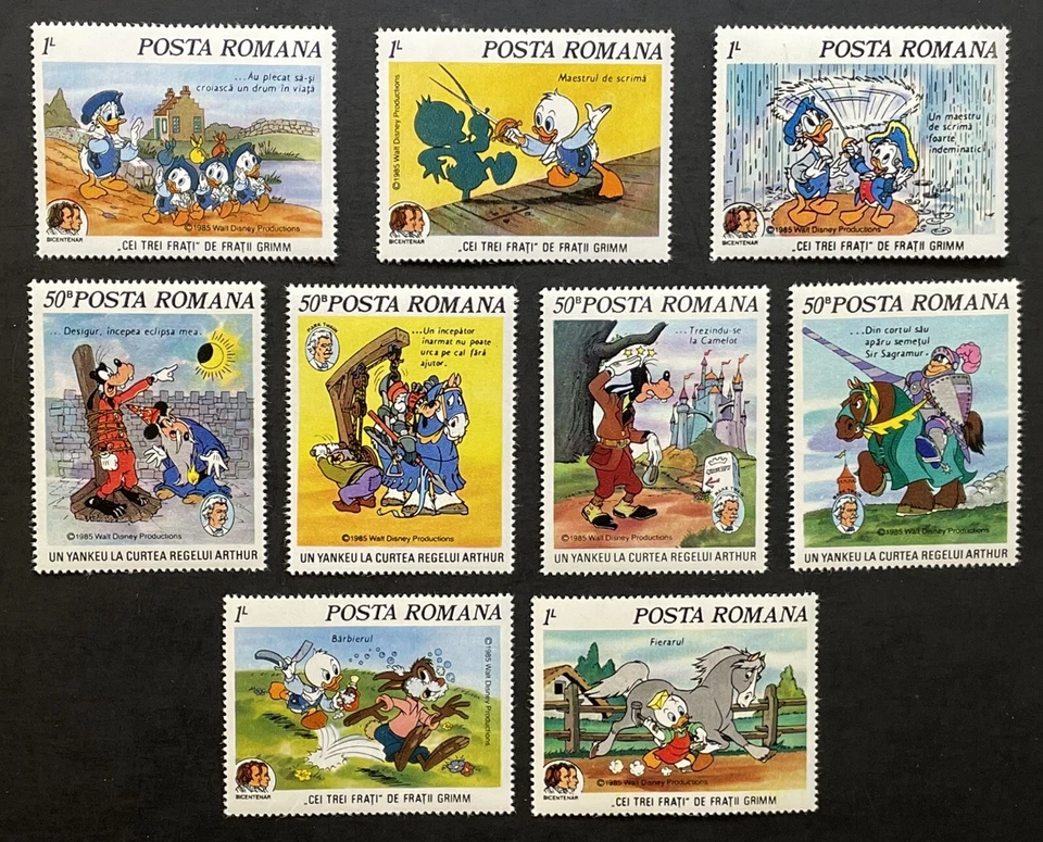 ROMANIA MARK TWAIN BROTHERS GRIMM DISNEY STAMPS SET 9V 1985 CLASSIC FAIRYTALES - Image 1 of 1