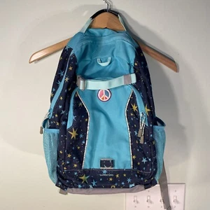 Lands End Girls Backpack Teal Aqua Navy with Stars Peace Sign EUC - Picture 1 of 14
