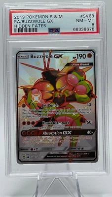 2019 POKEMON SUN & MOON HIDDEN FATES #SV68 FA/BUZZWOLE GX PSA 8 NM-MT - Image 1 of 2