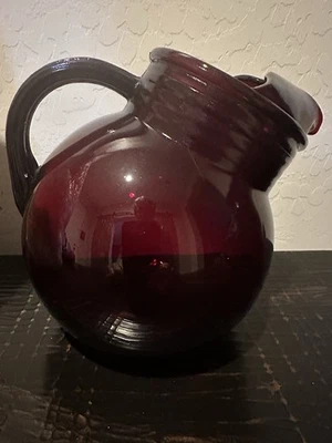 Anchor Hocking Royal Ruby Red Glass 6-inch Ball Jug Pitcher with Ice Lip Vintage - Image 1 of 4