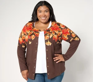 NWT QUACKER FACTORY FALL IS IN THE AIR LONG SLEEVE PRINTED CARDIGAN, ESPRESO, XL - Picture 1 of 3