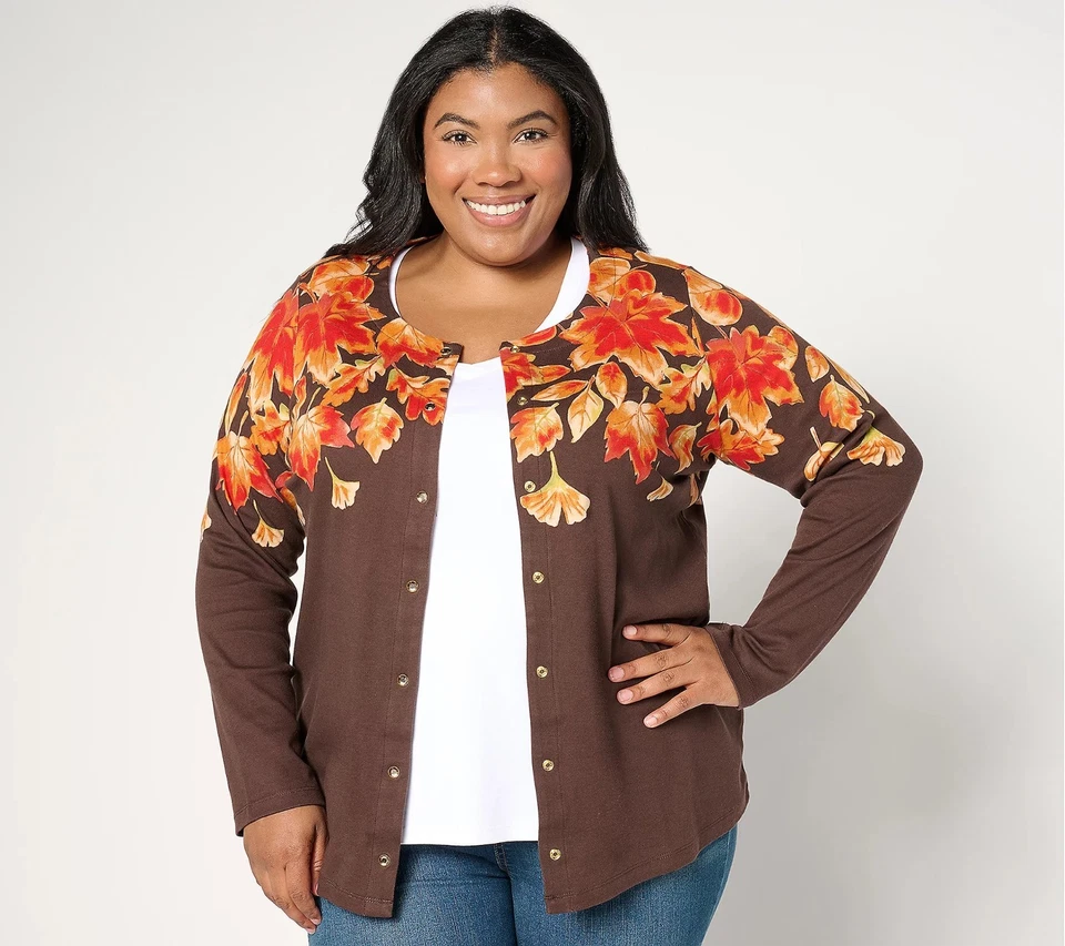 NWT QUACKER FACTORY FALL IS IN THE AIR LONG SLEEVE PRINTED CARDIGAN, ESPRESO, XL - Image 1 of 3