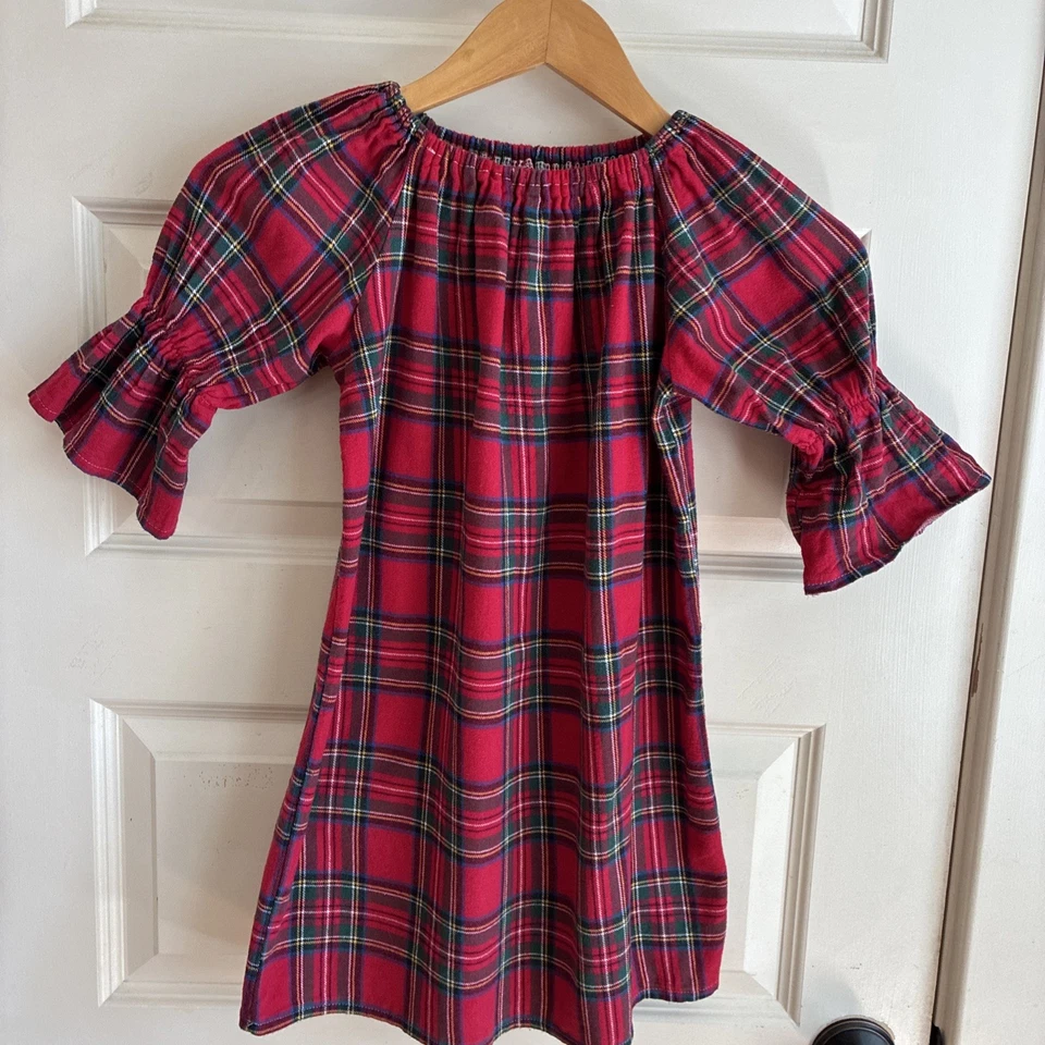 Niñas Hecho a Mano Rojo Franela Tradicional Vestido de Navidad Mangas Largas Foto 1 de 4