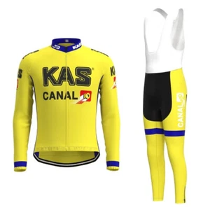 Retro Mens team Thermal Fleece KAS Cycling Long Sleeve Jersey Bib Pants Sets - Picture 1 of 12