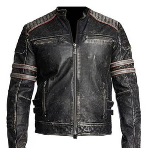 Mens Vintage Biker Style Motorcycle Cafe Racer Distressed Leather Jacket - Picture 1 of 2