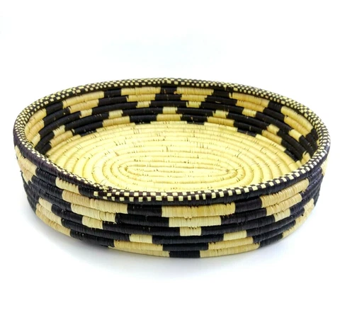 Coil Woven Storage Basket Geometric Pattern Oval Cover