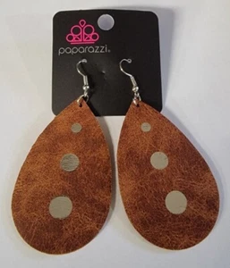 Rustic Torrent Silver, Brown Paparazzi Leather Earrings - Picture 1 of 4