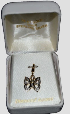 BUTTERFLY Charm .925 18K Over Sterling Silver DIAMOND ACCENT Dangle Boxed NIB - Image 1 of 3