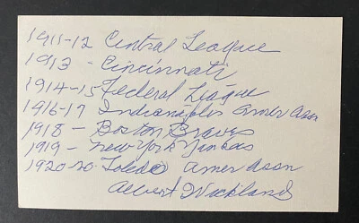Albert Wickland Signed Index Card 1913 Cin/Boston Braves/Yankees Federal League - Image 1 of 2