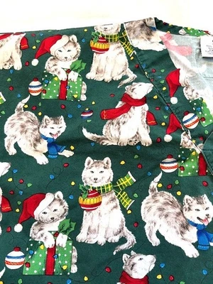 Small Womens Scrub Top Holiday Huskie Dogs Christmas RN Medical Tech S.C.R.U.B.S - Image 1 of 4