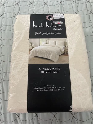 NEW Nicole Miller Home 3 Piece King Duvet Set Cream Embroidered Tropical Palm - Image 1 of 4
