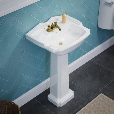 Combo lavabo de baño con pedestal de 19" para guardarropa en blanco con desbordamiento Foto 1 de 4