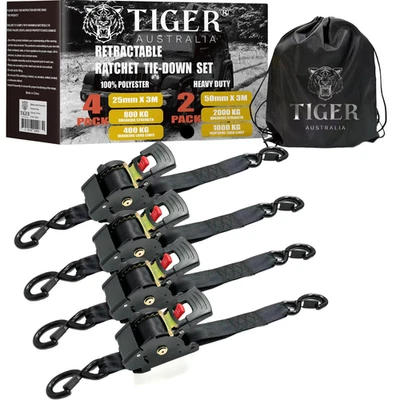 Tiger Australia 50mm x 3m Heavy Duty Auto Retractable Ratchet Straps 4-Pack - image 1 of 4