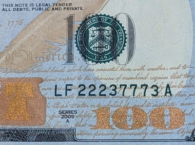 US $100 Dollar Bill 2009 Fancy Serial # 222 3 777 3. Coolness Index 98.3% - Image 1 of 4