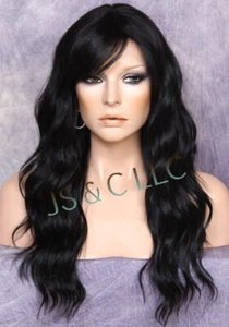 Long Beach Wavy Jet Black Human hair Blend Full Wig Heat OK Bangs Layered FBW 1 - Picture 1 of 5