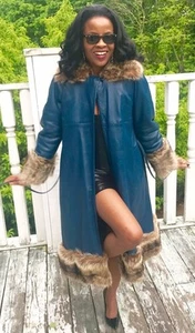 Vtg Designer Bonnie Cashin Sills Blue leather & Raccoon fur trim Jacket Coat S-M - Picture 1 of 12