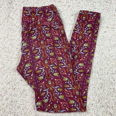 Lula Roe Womens Leggings One Size Maroon Floral Paisley Mid Rise Stretch Active - Image 1 of 4