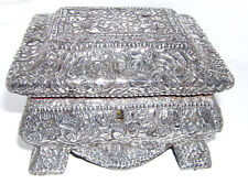 Antique indian repousse silver on wood  jewellery casket with key